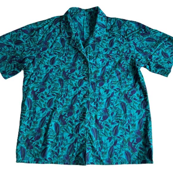 Vintage 90s Wms Green Teal Floral Short Sleeve Button Up Cotton Shirt Sz L 42 in - Picture 1 of 6